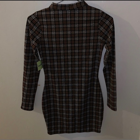 Plaid Long Sleeve Mini Dress With Front Slit - Picture 5 of 5